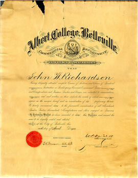 Digital image of Albert College diploma of John Richardson