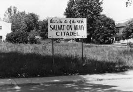 Sign for new Salvation Army Citadel, probably on Victoria Avenue