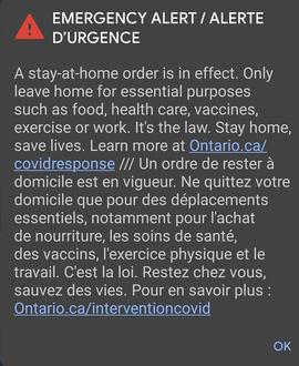 Emergency alert about Government of Ontario stay-at-home order