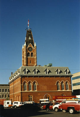 Photograph of the back of City Hall, Belleville, Ontario, taken from Pinnacle Street.