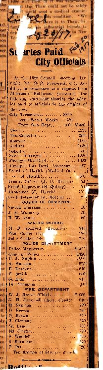 Belleville City Council salaries paid 1917