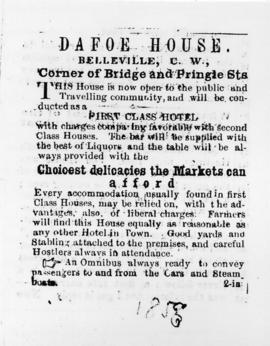 Advertisement for Dafoe House, Belleville at corner of Bridge and Pringle Streets